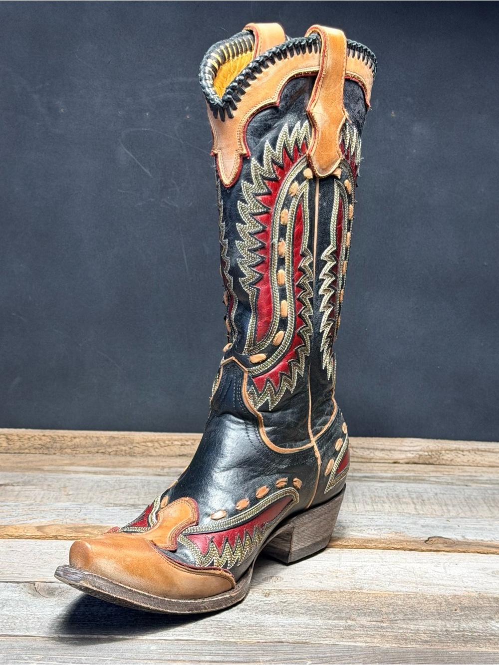 Old Gringo Black, Tan & Red Tooled Leather Cowboy Boots - Picture 9 of 13